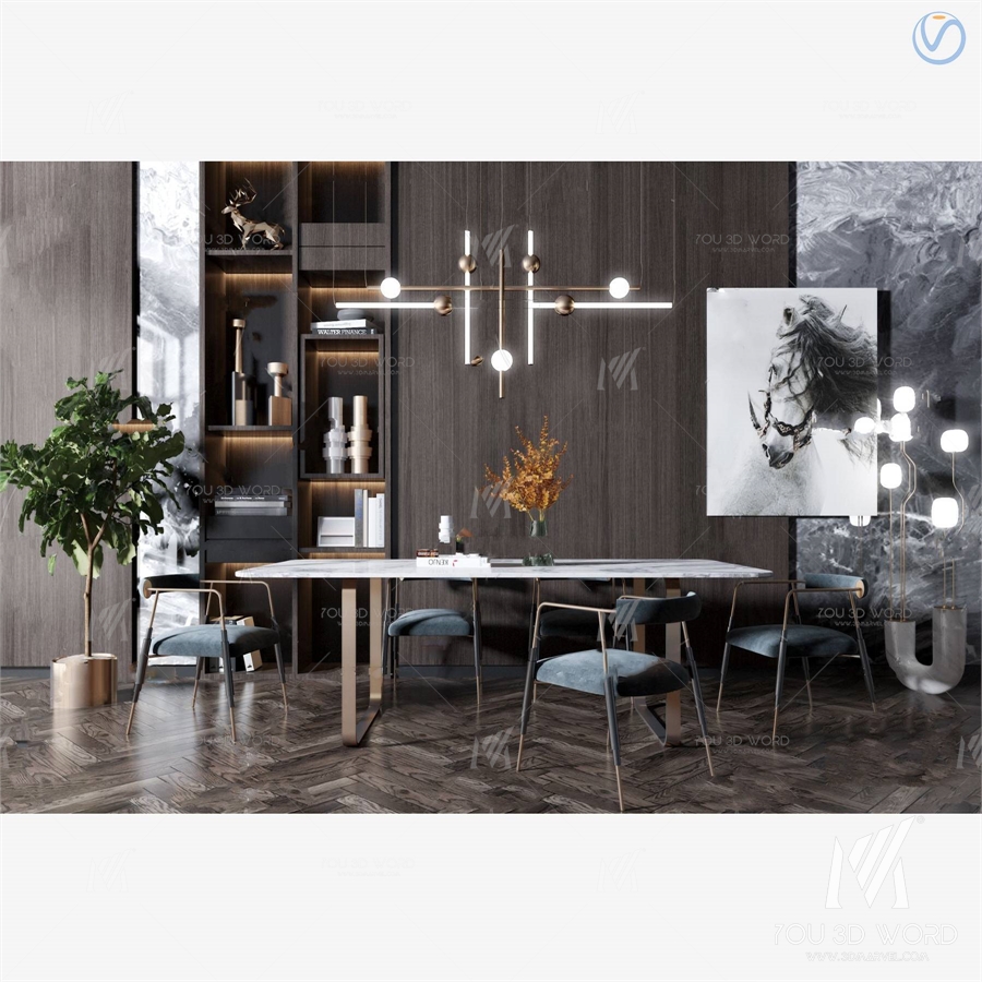 modern long dining table chair 3d model